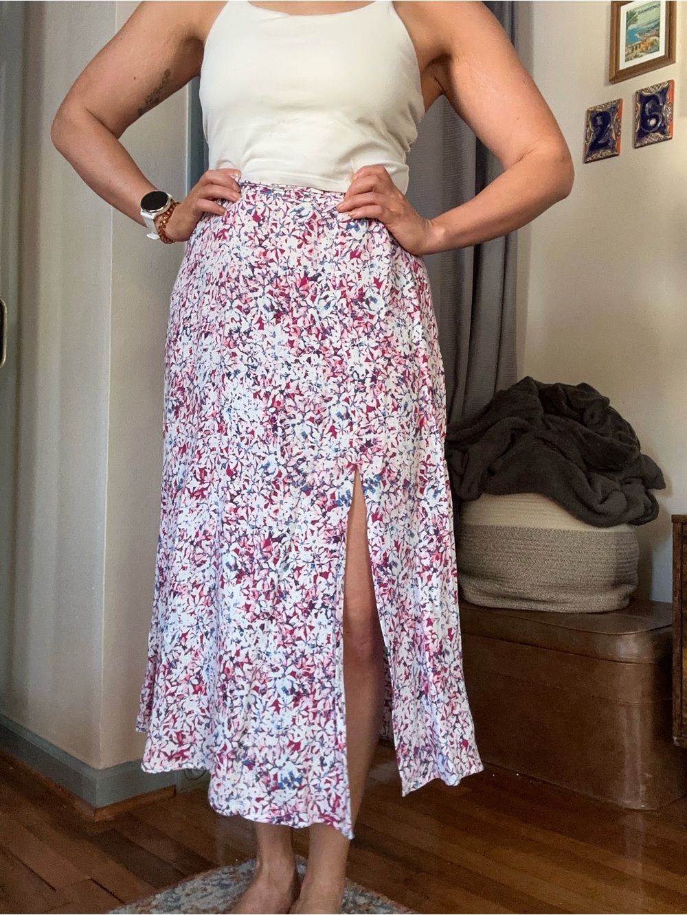 Banana Republic White Midi Skirt with Pink & Blue Floral Print